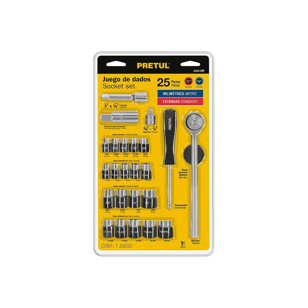 JUEGO DE 25 HERRAMIENTAS 1/4" Y 3/8" PARA MECÁNICO  PRETUL