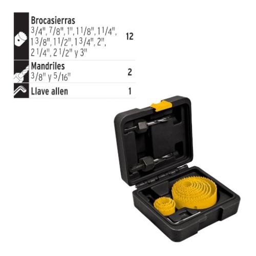 JUEGO DE 12 BROCASIERRAS  2 MANDRILES Y LLAVE ALLEN  PRETUL