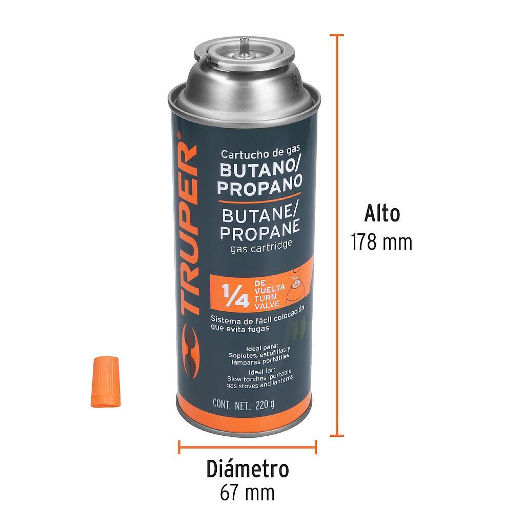 LATA DE GAS DE 220 g CON VALVULA DE 1/4 DE VUELTA TRUPER
