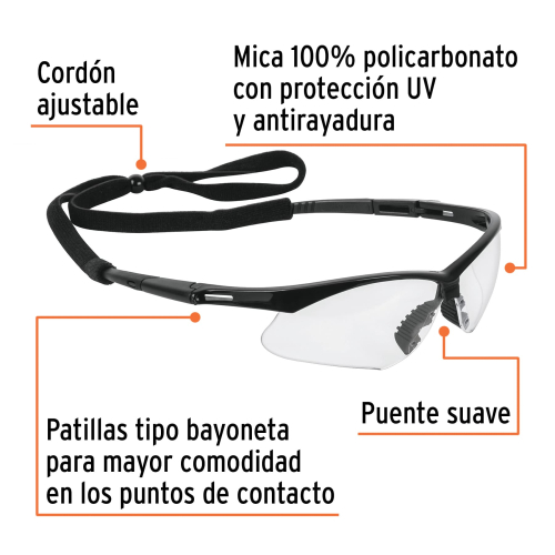 LENTES SEGURIDAD CLAROS ANTIEMPAÑO CON CORDON AJUSTABLE SPORT