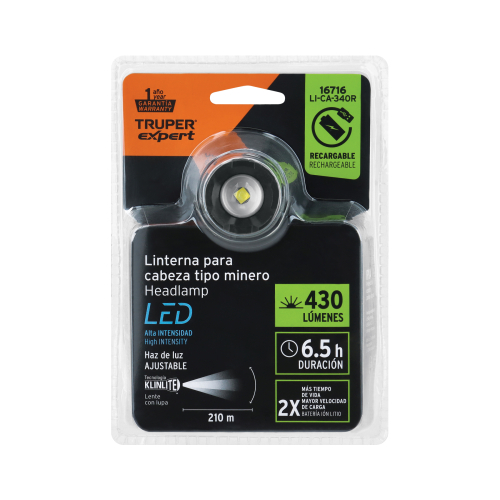 LINTERNA DE MINERO 1 LED 340 LM RECARGABLE, TRUPER