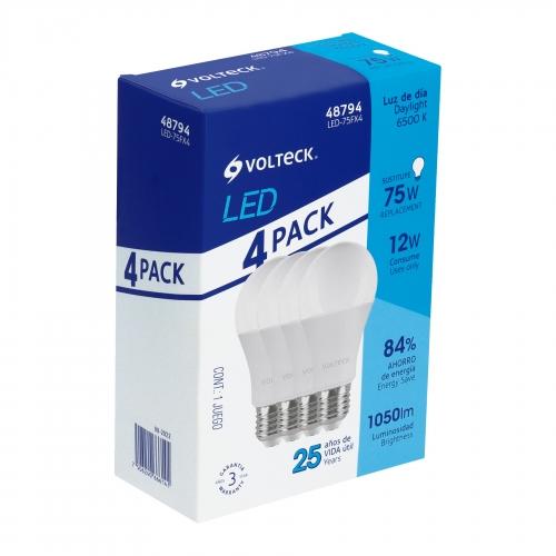 PACK 4 FOCOS LED 12 W (75 W) A19 6500 K BLANCA FRIA 1050 lm