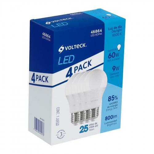 PACK 4 FOCOS LED 9 W (60 W) A19 6500 K BLANCA FRIA 800 lm