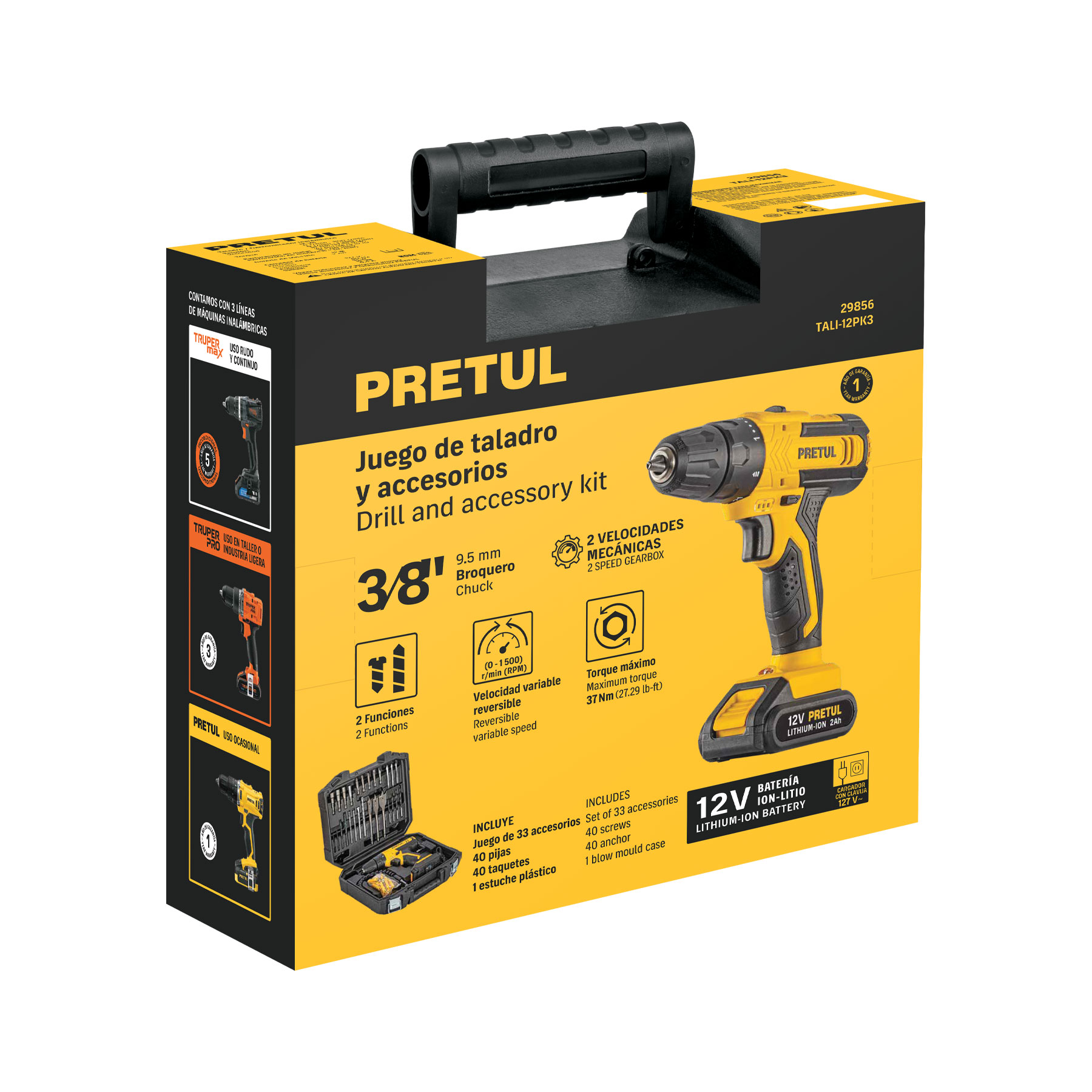 KIT DE TALADRO 12V-3/8 Y ACCESORIOS PRET