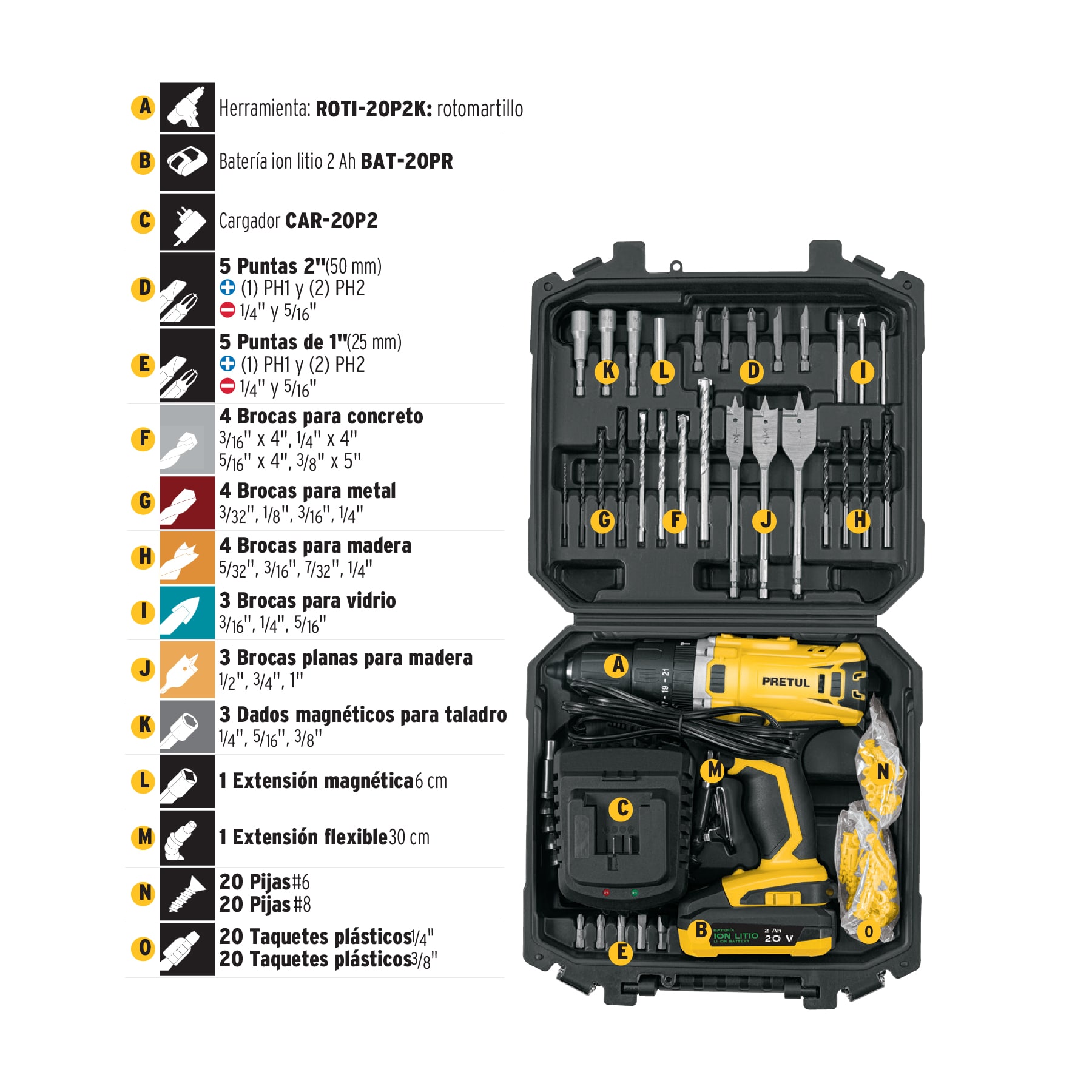 KIT ROTOMARTILLO 1/2 20V  32 ACCESORIOS PRETUL