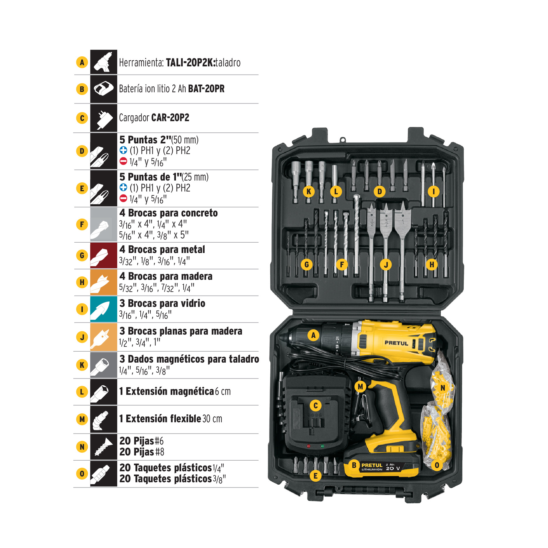 KIT TALADRO 1/2´, 20V, 1 BATERIA  2AH, 32 ACCESORIOS  PRETUL