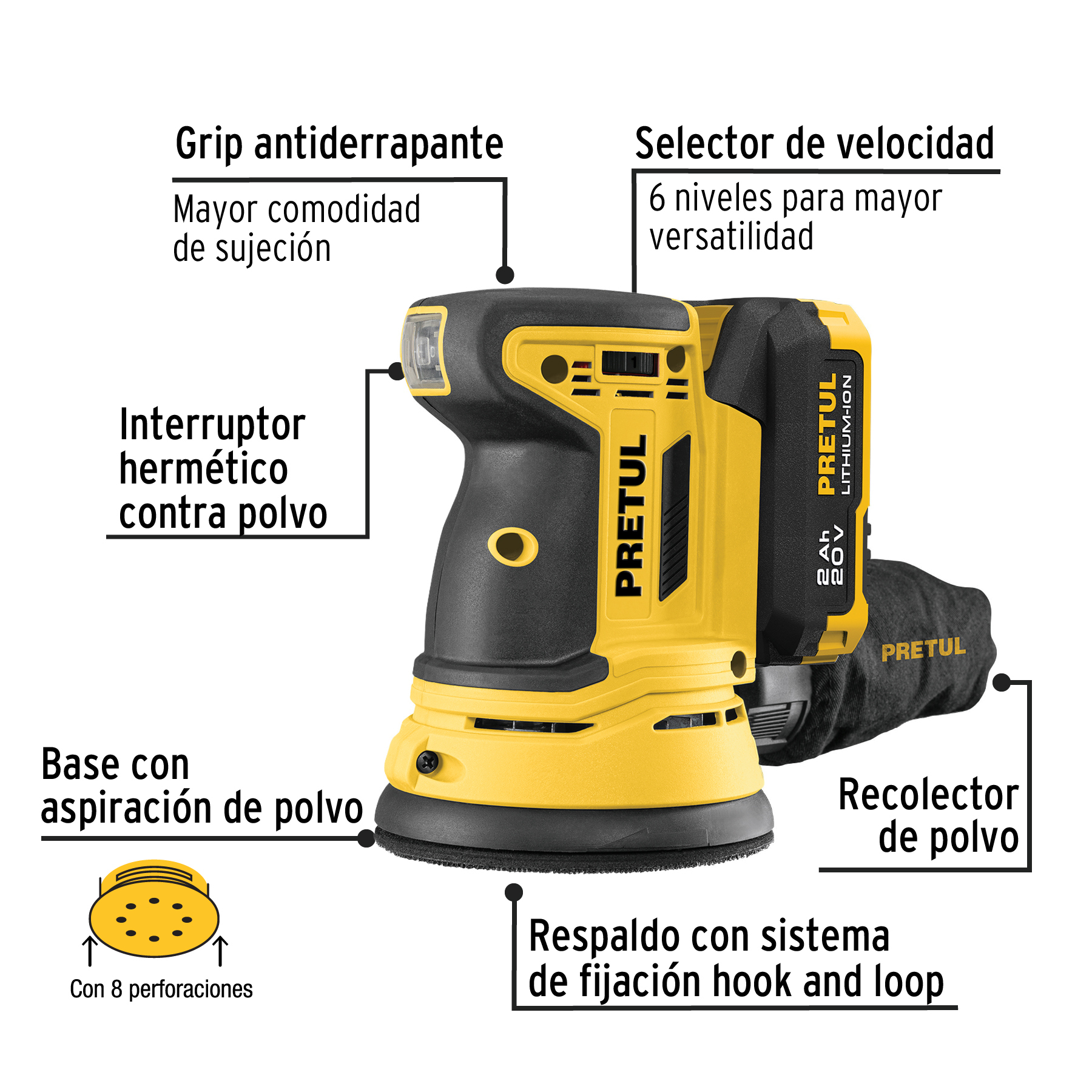 LIJADORA ROTO ORBITAL INALÁMBRICA 5, 20 V, PRETUL