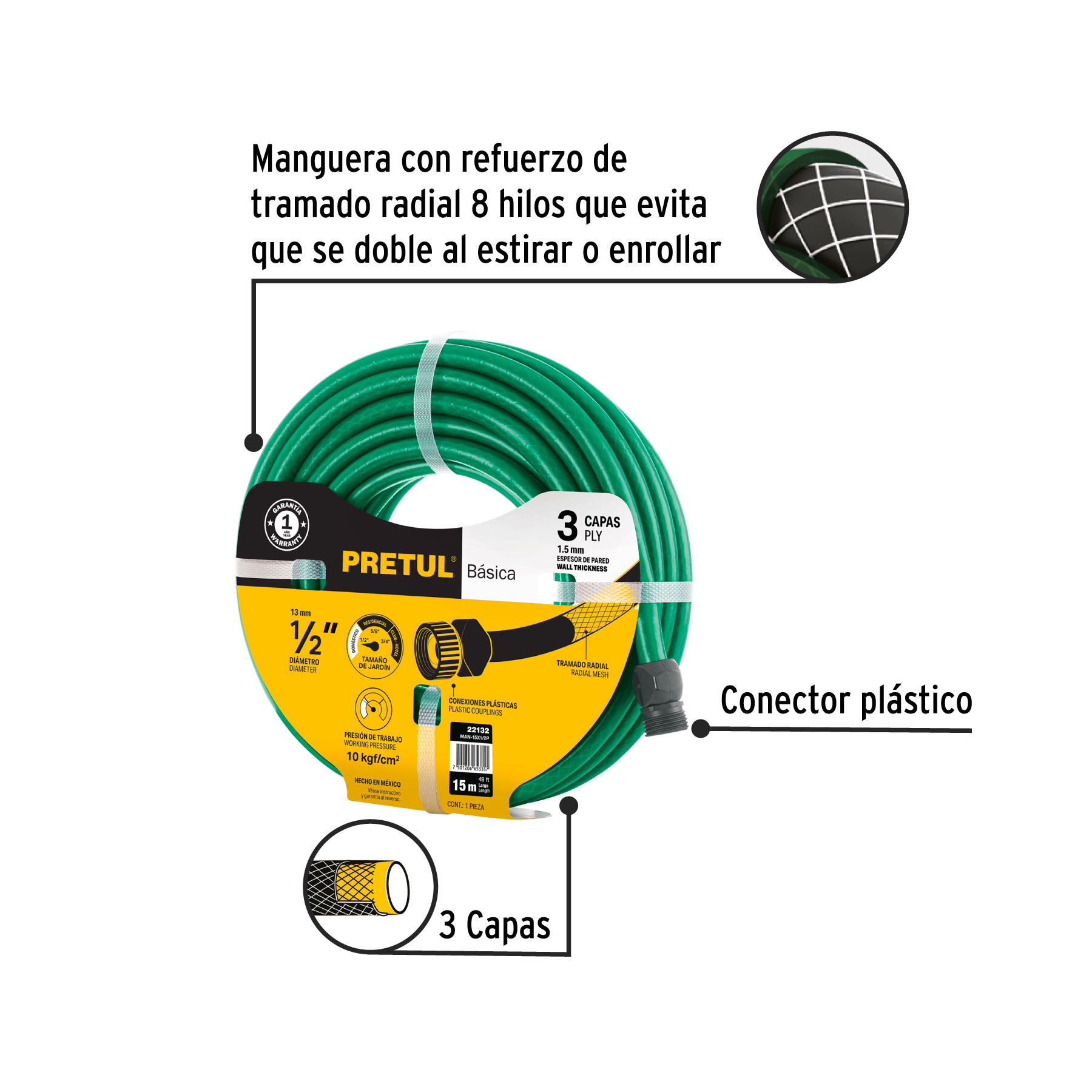 MANGUERA 1/2 15MT 2 CAP. CONX.PLAS PRET