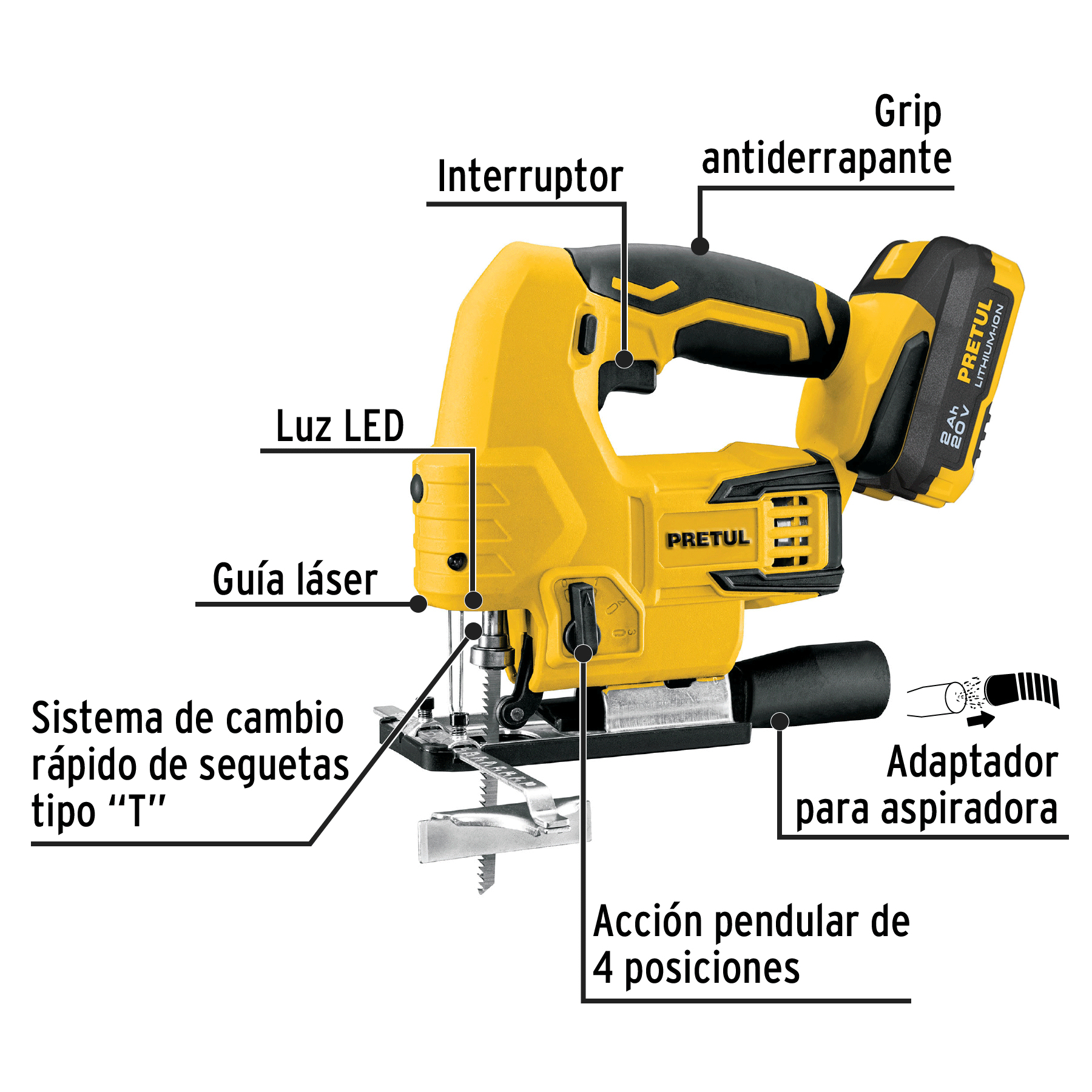 SIERRA CALADORA INALÁMBRICA, 20 V, PRETUL