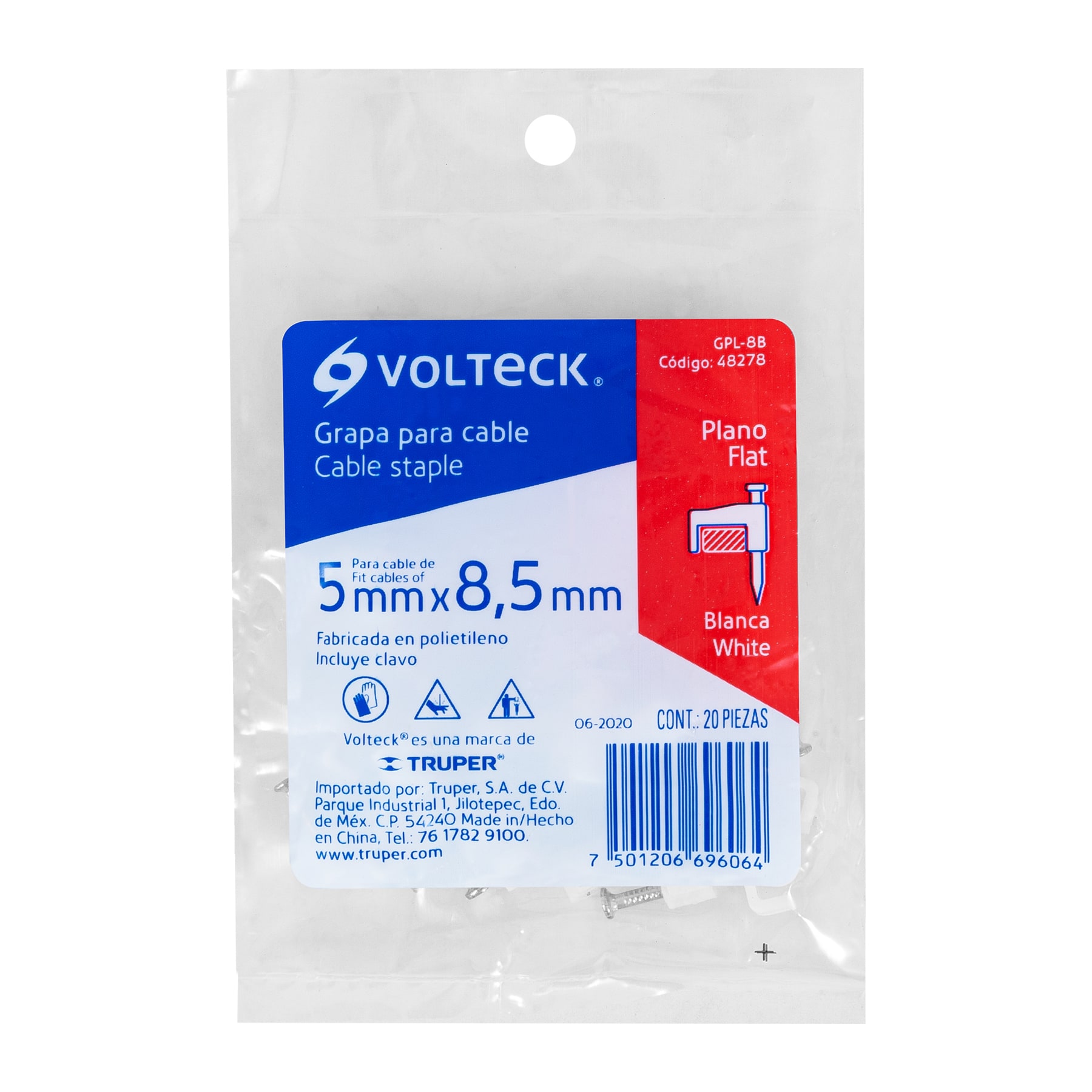 BOLSA 20 GRAPA P/CABLE PLANO 8MM VOLTECK