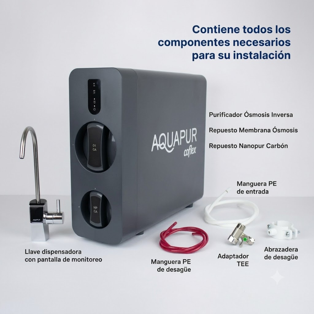 PURIFICADOR OSMOSIS INVERSA S/TANQUE 4 ETAPAS AQUAPUR FLUJO DIRECTO(2.1L/MIN)COFLEX