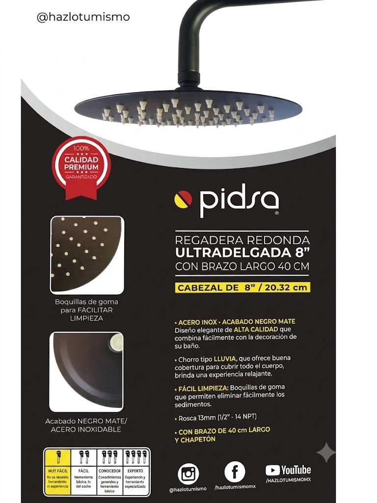 REGADERA REDONDA 8 C/BRAZO 40CM NEGRO MATE PIDSA
