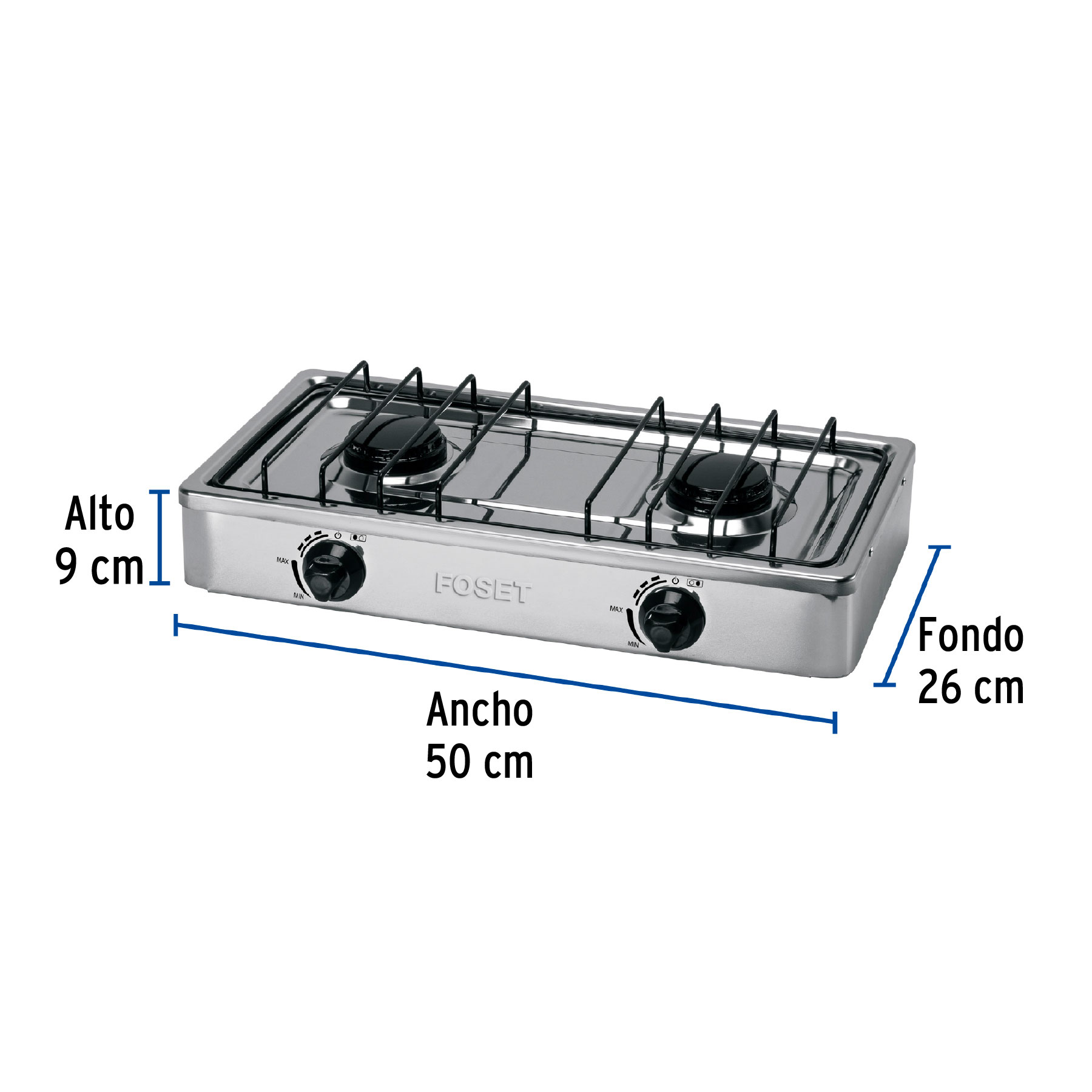 PARRILLA DE GAS DE SOBREPONER 2 QUEMADORES INOXIDABLE FOSET