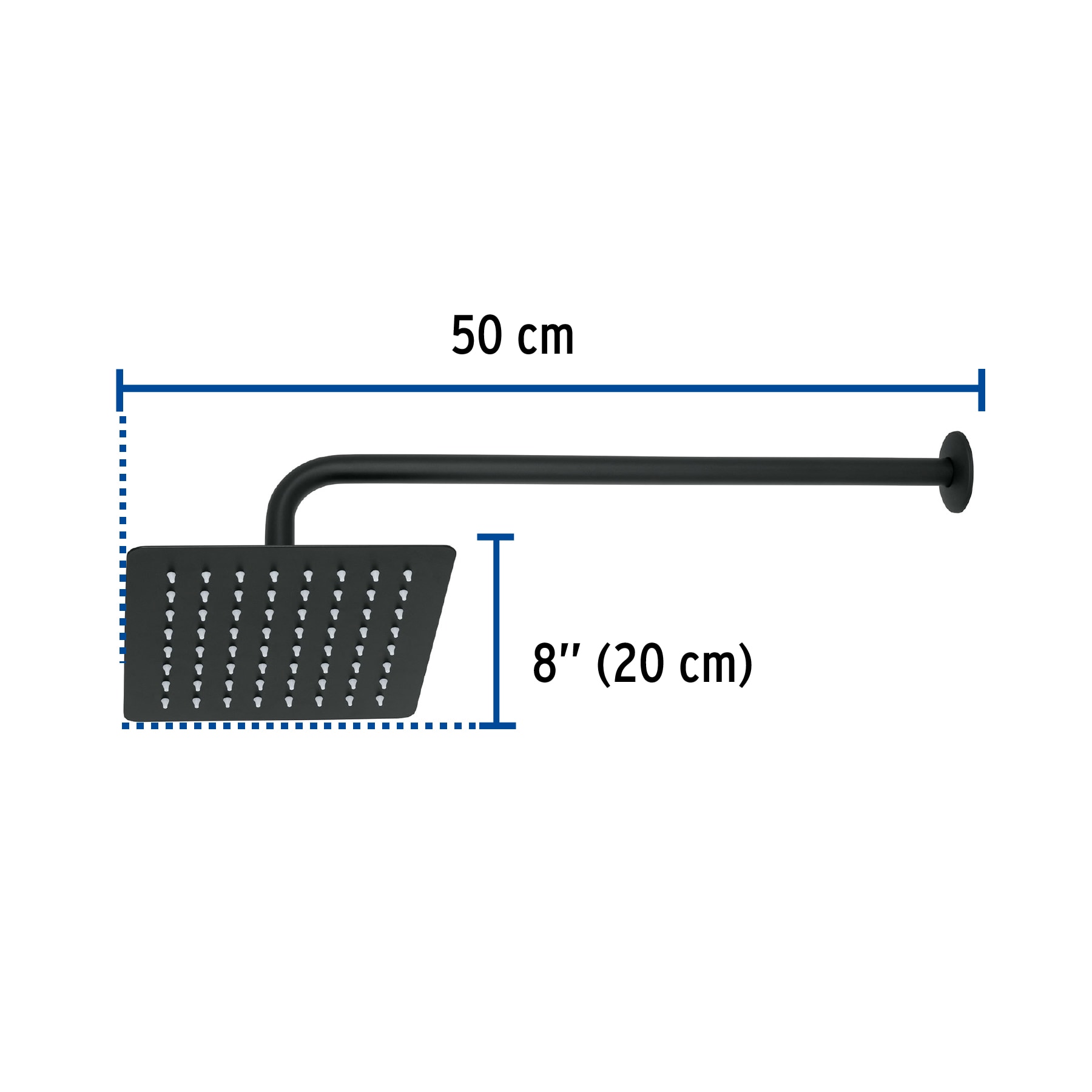 REGADERA CUADRADA 8 Plg. ACERO INOXIDABLE CON BRAZO NEGRO TUBIG