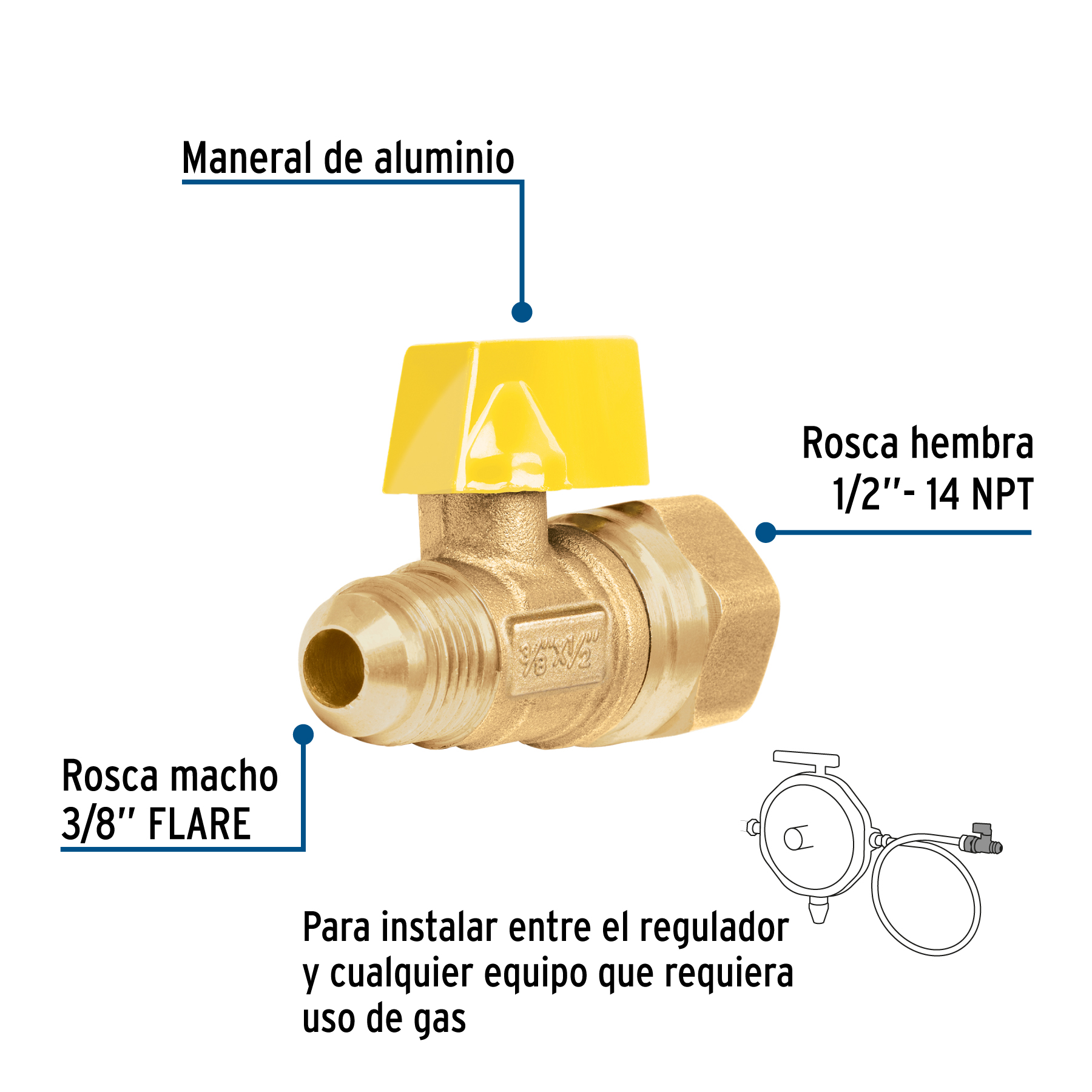 VALVULA DE CONTROL DE LATON PARA GAS 3/8 Plg. X 1/2 Plg. FOSET