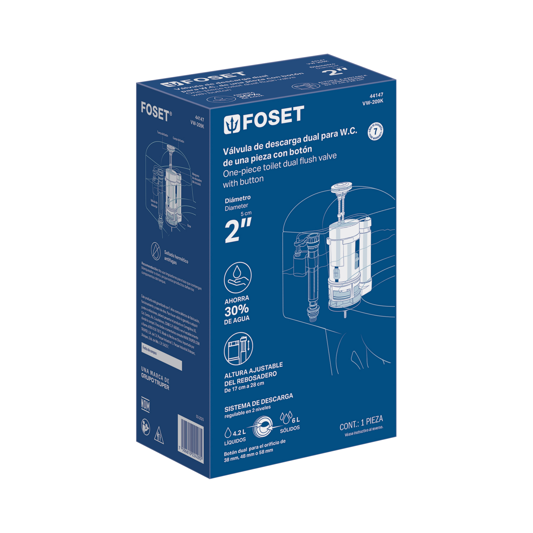 VALVULA DESCARGA DUAL 2 Plg. PARA WC DE 1 PIEZA CON BOTON DUAL